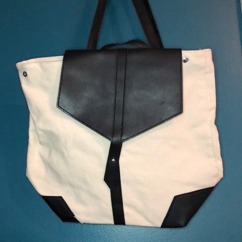 NWT cream canvas/black vegan leather backpack
